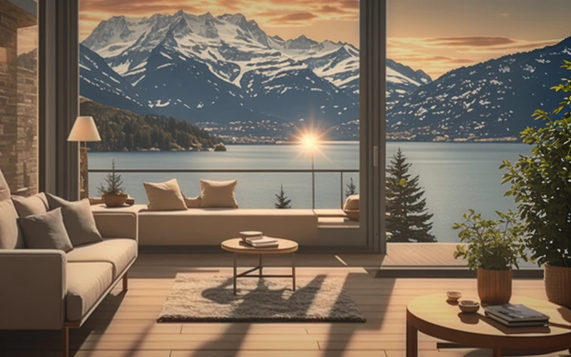 Illustration: the living room of a holiday apartment with a large window onto a mountain lake at sunset