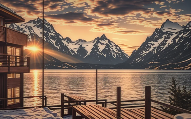 Illustration: a wooden hotel building with balconies and a terrace above a mountain lake at sunset