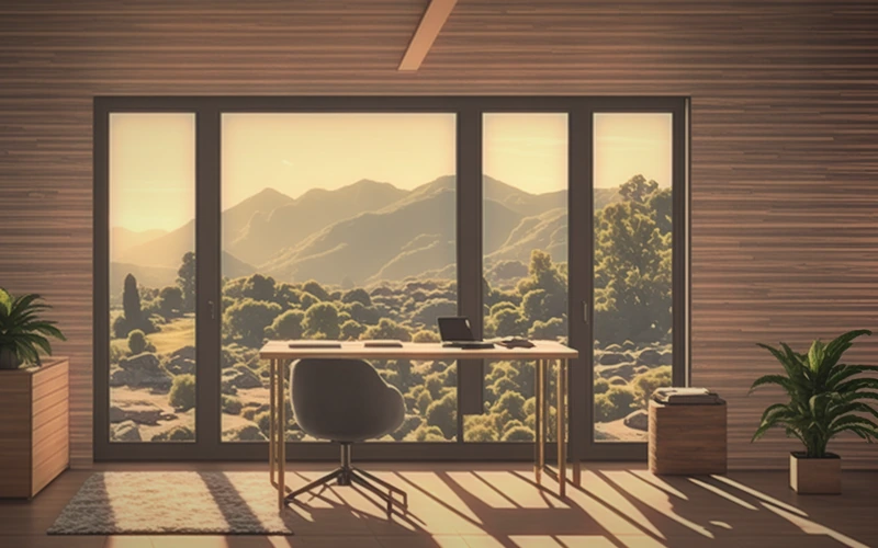 Illustration: a quiet office with a desk in front of a floor-to-ceiling window onto green hills at sunset