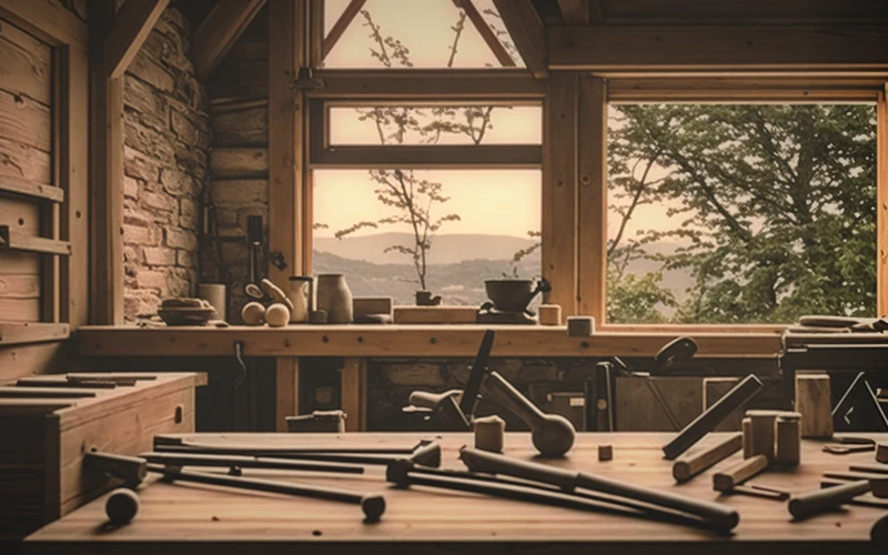 Illustration: a carpentry workshop with hand tools on a workbench and a window onto green hills