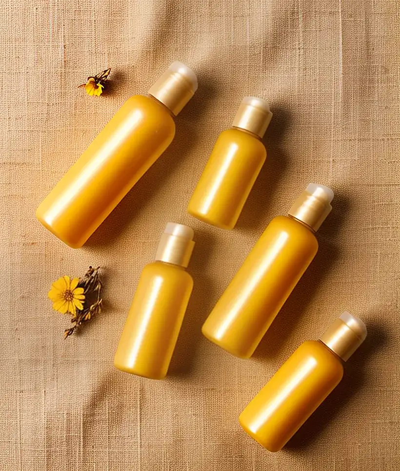 Flat lay of six unlabelled yellow skincare bottles on linen with two small flowers