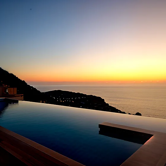 Infinity pool above a dark coastline at sunset, final colour grade with a warm orange sky