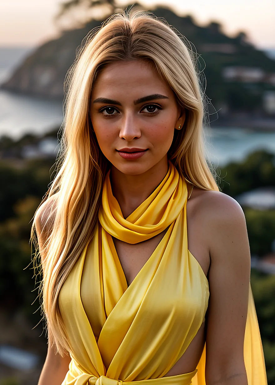 Portrait of Noa Valm&egrave;re with long blonde hair and a saffron silk scarf at her neck, on a terrace above a bay at golden hour