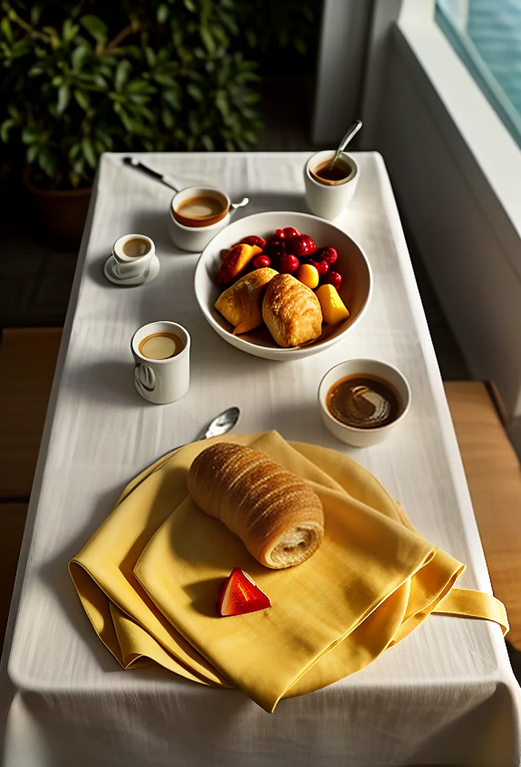 Breakfast table on a hotel terrace: coffee, pastries and fruit on a white cloth, with a folded saffron scarf