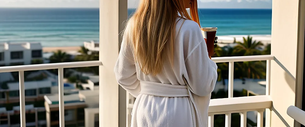 09:00. Noa seen from behind in a white bathrobe on the hotel balcony with a coffee, looking out over the sea