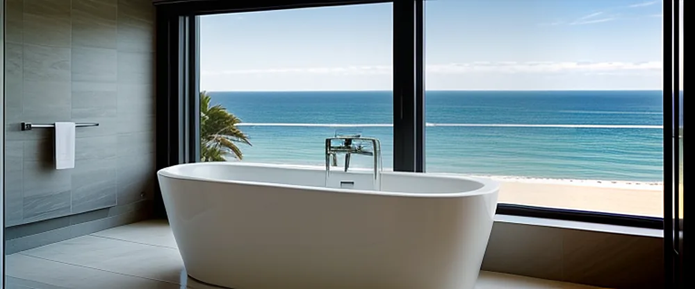 11:00. A freestanding bathtub in front of a panoramic window with a sea view
