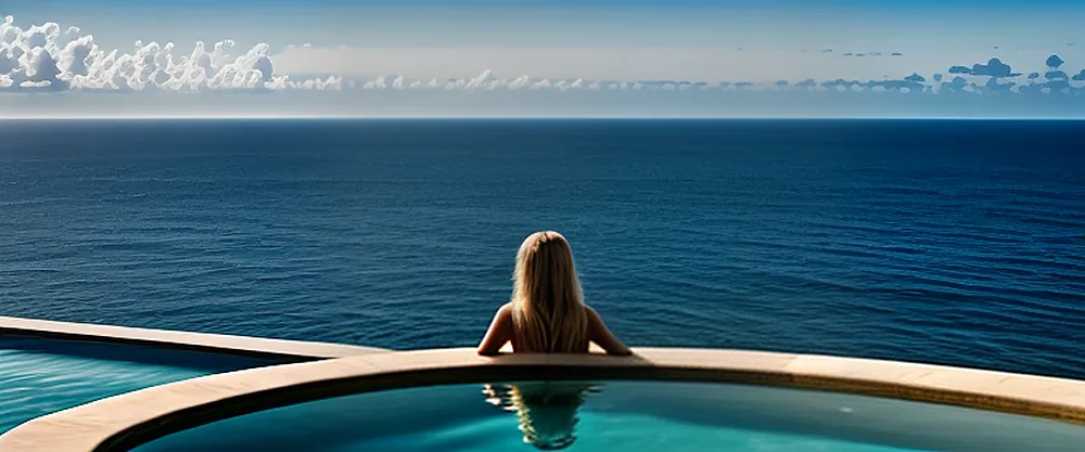 16:00. Noa seen from behind at the edge of an infinity pool, looking out over the open sea