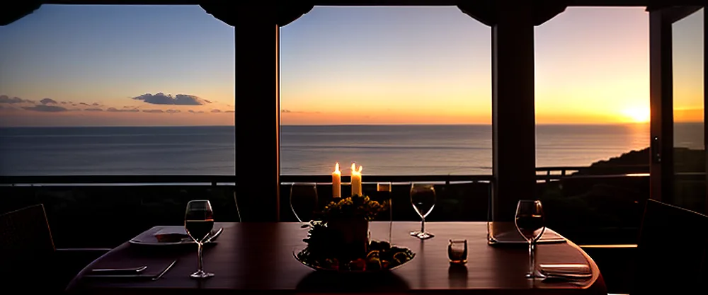 19:00. A candlelit dinner table on a covered terrace, the sun setting over the sea