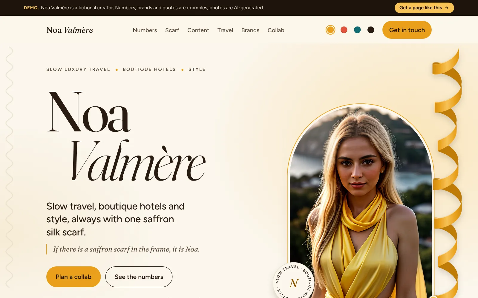 First screen of the demo portfolio of the fictional creator Noa Valmère, desktop view