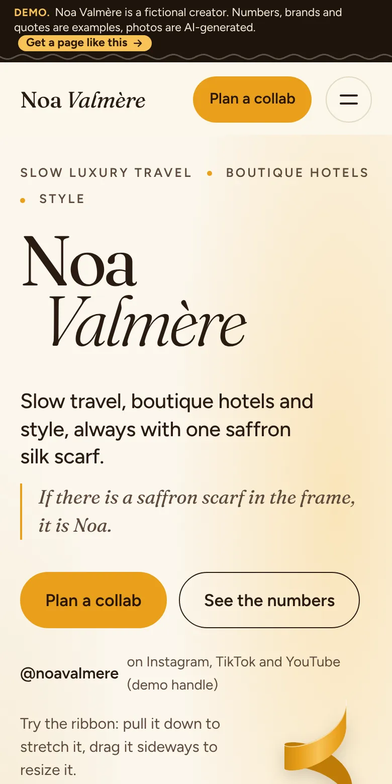 First screen of the demo portfolio of the fictional creator Noa Valmère, phone view