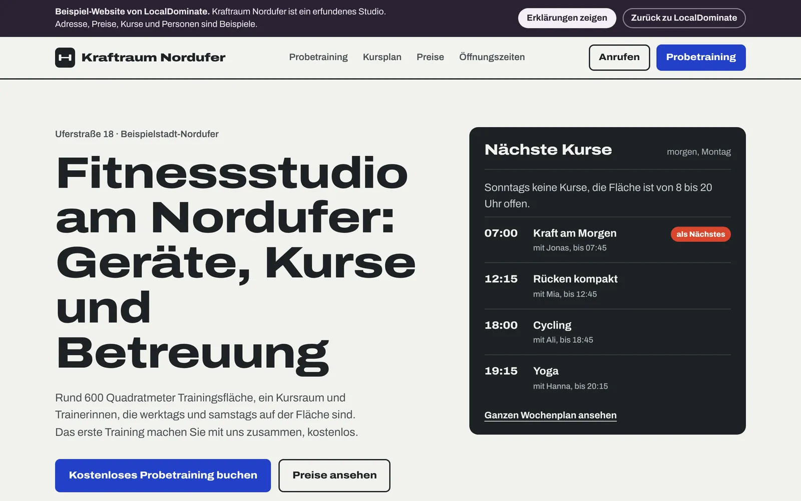 Desktop view of the example website Kraftraum Nordufer