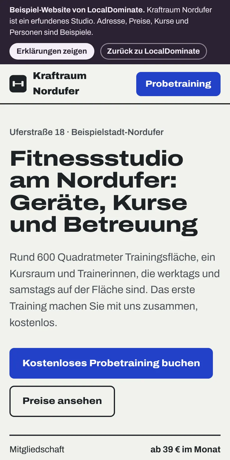 Phone view of the example website Kraftraum Nordufer