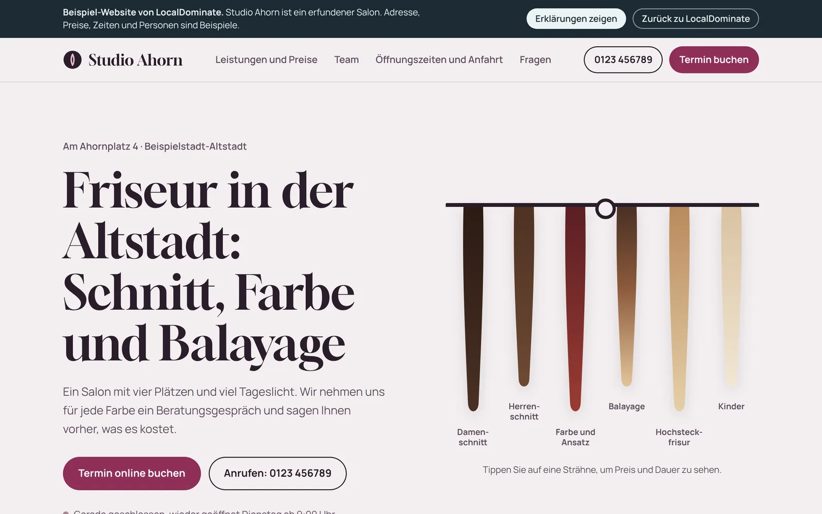 Desktop view of the example website Studio Ahorn