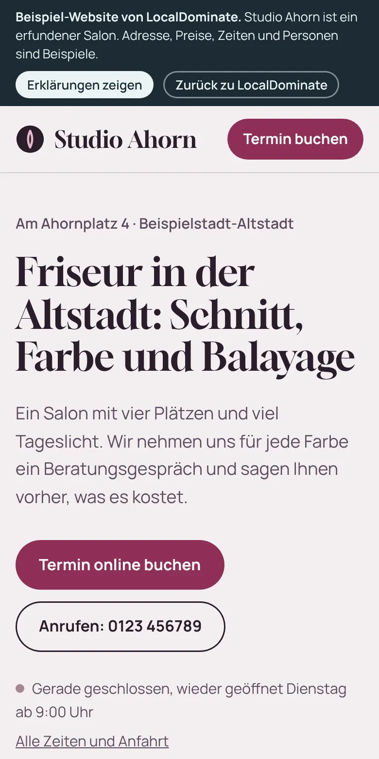 Phone view of the example website Studio Ahorn